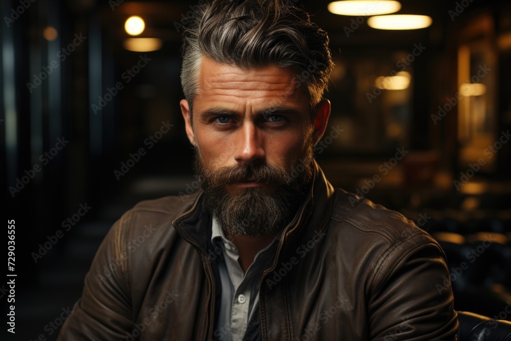 Man with Beard in Leather Jacket Gazing