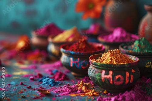 Bright Holi festival colors in bowls with floral accents on a vibrant backdrop