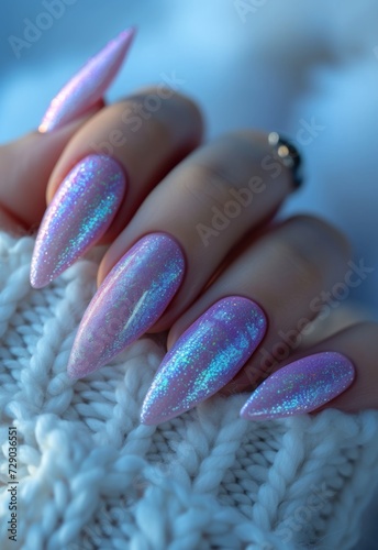 Close up of sparkling stiletto nails against a soft knitted background