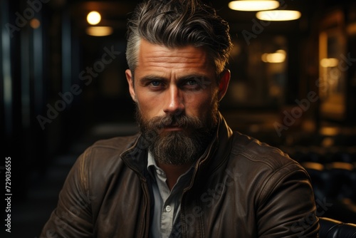 Man with Beard in Leather Jacket Gazing
