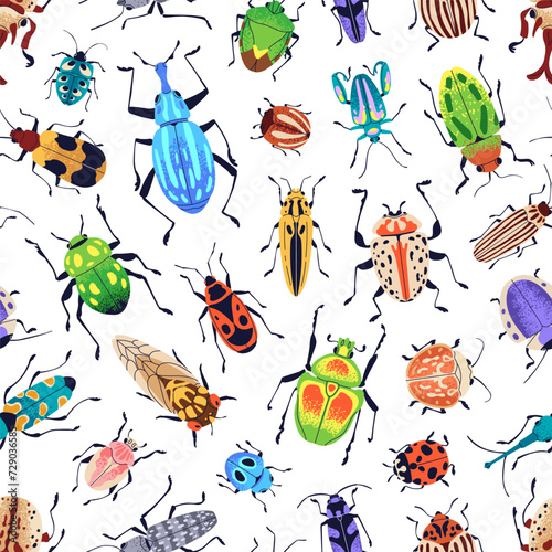Beetles, seamless pattern. Bugs, colorful endless nature background. Summer fauna species, repeating print. Texture design for textile, fabric, wrapping, wallpaper. Printable flat vector illustration