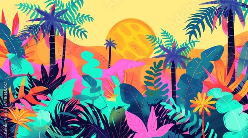 Surreal Tropical Landscape with Neon Palms