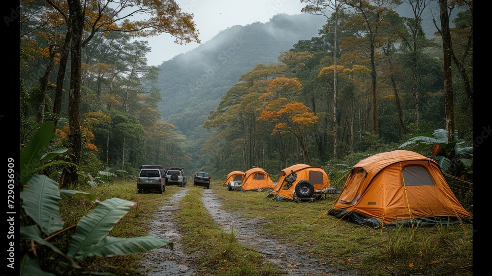 Camping in Lush Green Forest with Orange Tents