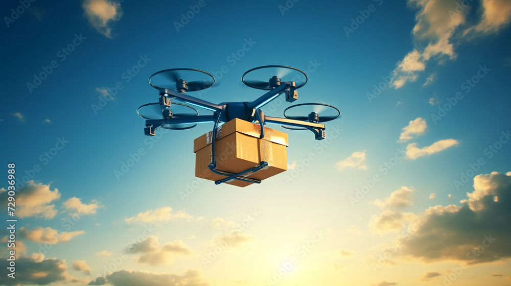 Quadcopter drone transporting cardboard box, high in the sky, in bright natural light Quadcopter drone transporting cardboard box, high in the sky, in bright natural light