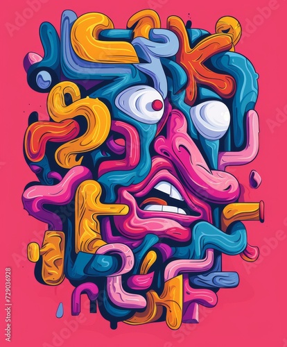 Vibrant abstract illustration of a whimsical fun face on a pink background