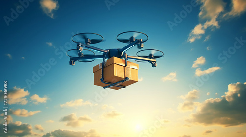 Quadcopter drone transporting cardboard box, high in the sky, in bright natural light