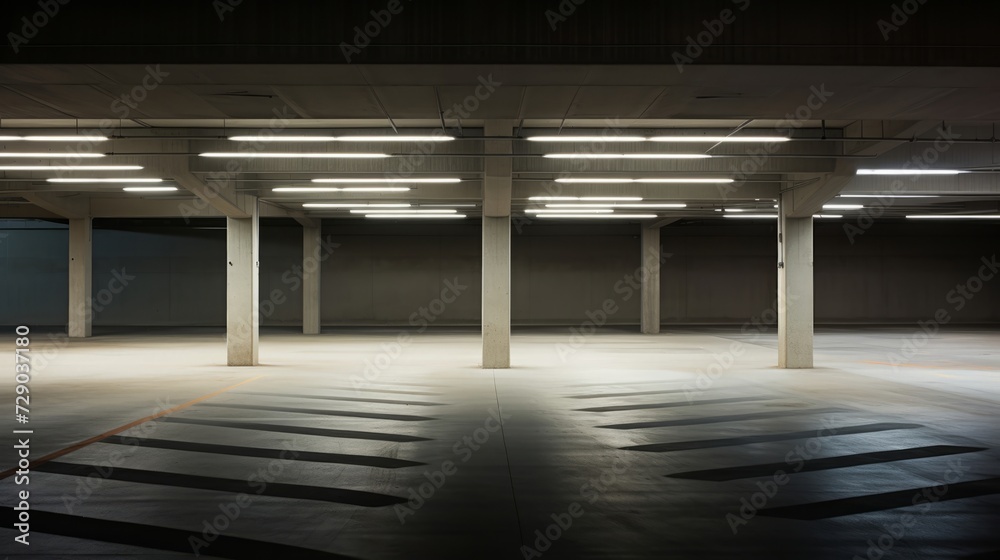 Minimalist parking garage with stark lighting casting strong geometric shadows, highlighting the architecture's brutalist elements