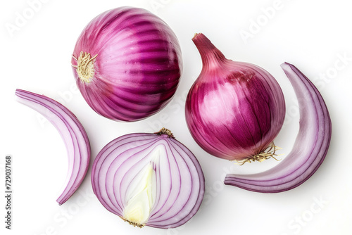 Close up shot of few red onions and slices with shadows on white background