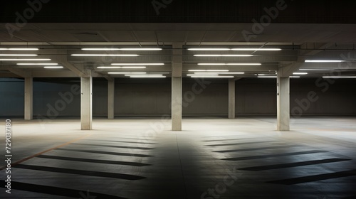 Minimalist parking garage with stark lighting casting strong geometric shadows, highlighting the architecture's brutalist elements