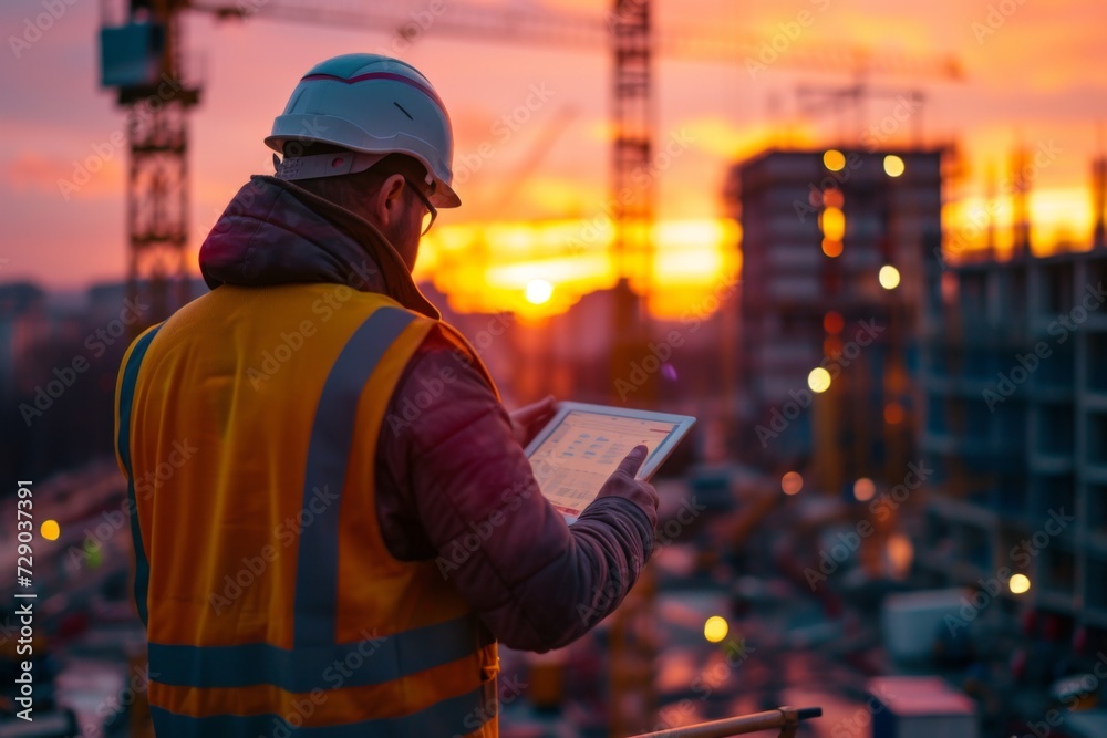 A construction foreman reviews plans on a tablet with a dynamic building site and sunset backdrop A construction foreman reviews plans on a tablet with a dynamic building site and sunset backdrop