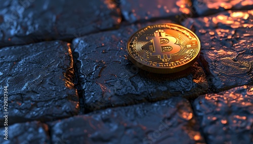 Golden bitcoin on wet cobblestone street, concept of modern finance. cryptocurrency in the urban setting. close-up with shallow depth. AI