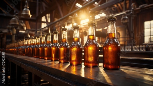 Classic brewery bottling line with amber beer bottles  warm lighting  and aged wood paneling