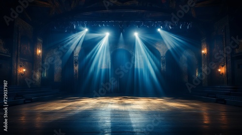 Backstage theater with vintage spotlights  deep blue curtains  and a wooden stage floor