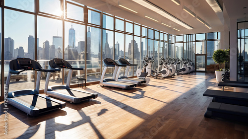 High-end fitness studio with a state-of-the-art treadmill, bright natural light, and a city skyline view photo