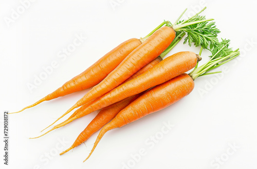 Top view of group of carrots with green stems on white background