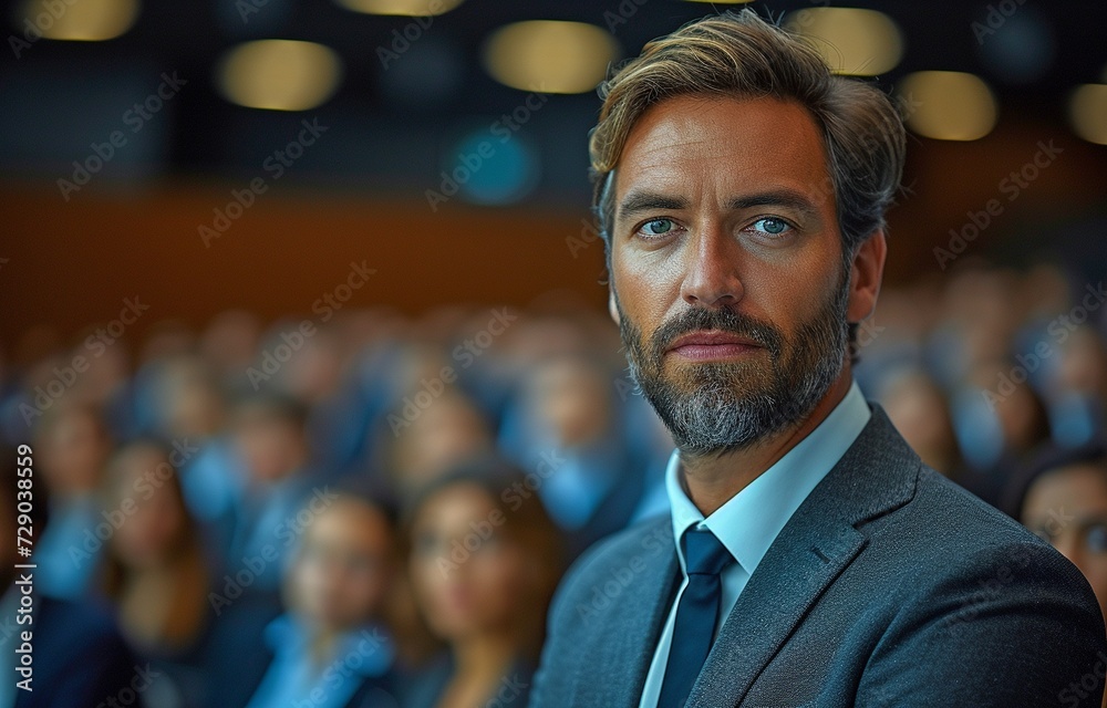 A businessman addresses a group of people during a conference, seminar, or consulting meeting in a hall or seminar room. A businessman addresses a group of people during a conference, seminar, or consulting meeting in a hall or seminar room.