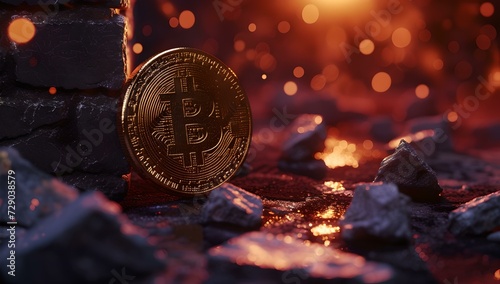 Gleaming bitcoin on charred ground with glowing embers. conceptual cryptocurrency image. financial investment representation. AI