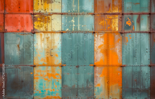 Rusty colorful metal background with metal rivets
