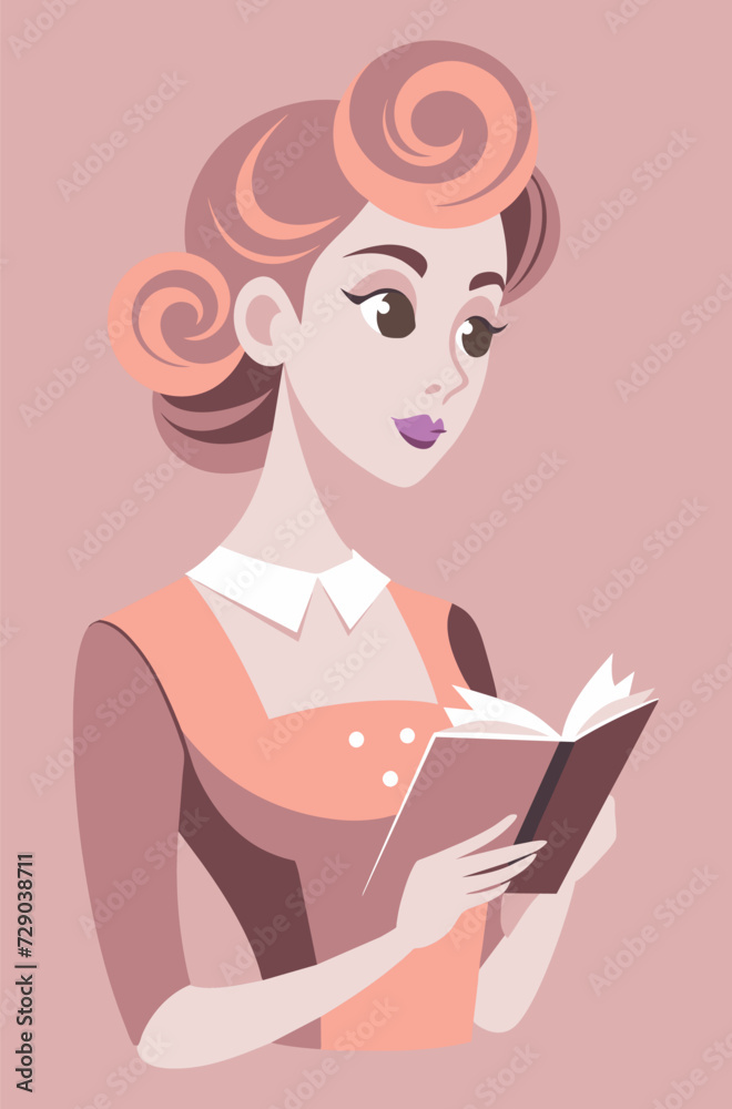Woman holds book in her hands - stylized retro style drawing Woman holds book in her hands - stylized retro style drawing