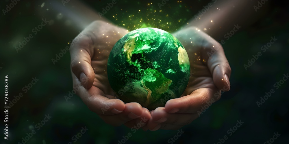 Glowing earth in human hands illustrating ecology and care. a conceptual environmental protection image. artistic representation of sustainability. AI