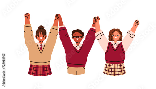 Happy children, school students holding hands, arms up, celebrating victory. ...