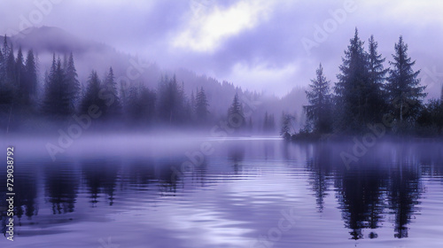 Tranquil lake and forest landscape enveloped in fog, creating a serene and mystical atmosphere, perfect for nature, travel, and scenic beauty themes