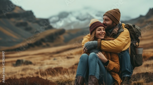 Loving couple embracing in a scenic mountain landscape, reflecting a romantic getaway and the beauty of naturefor content related to couples travel, romantic vacations, or outdoor lifestyle