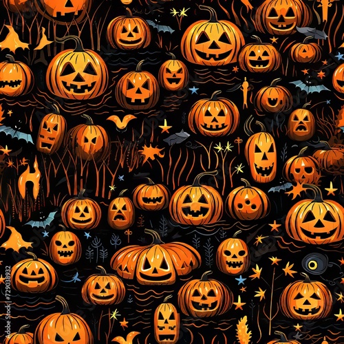 Playful Halloween theme with various pumpkin faces and friendly ghosts on a dark field seamless