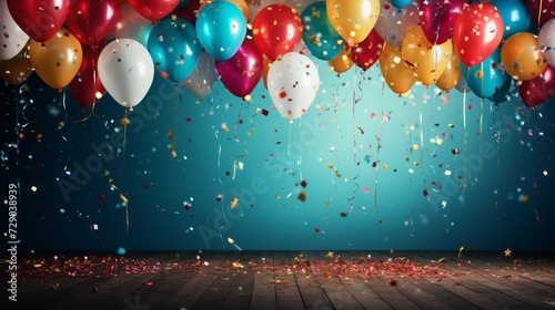 Festive streamers and balloons celebrating with vibrant confetti