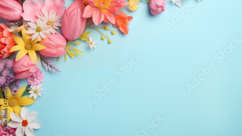 horizontal banner design with colorful flowers with copy space. Bright colors springtime holiday background © Caelestiss