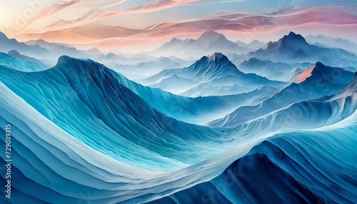 white background with blue and green wavy waves, in the style of dark black and pink, surreal 3d landscapes, dark sky-blue and dark orange,