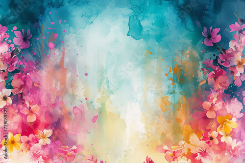 Generative AI Image of Watercolor Flowers Frame Painting on Cool Blue Background