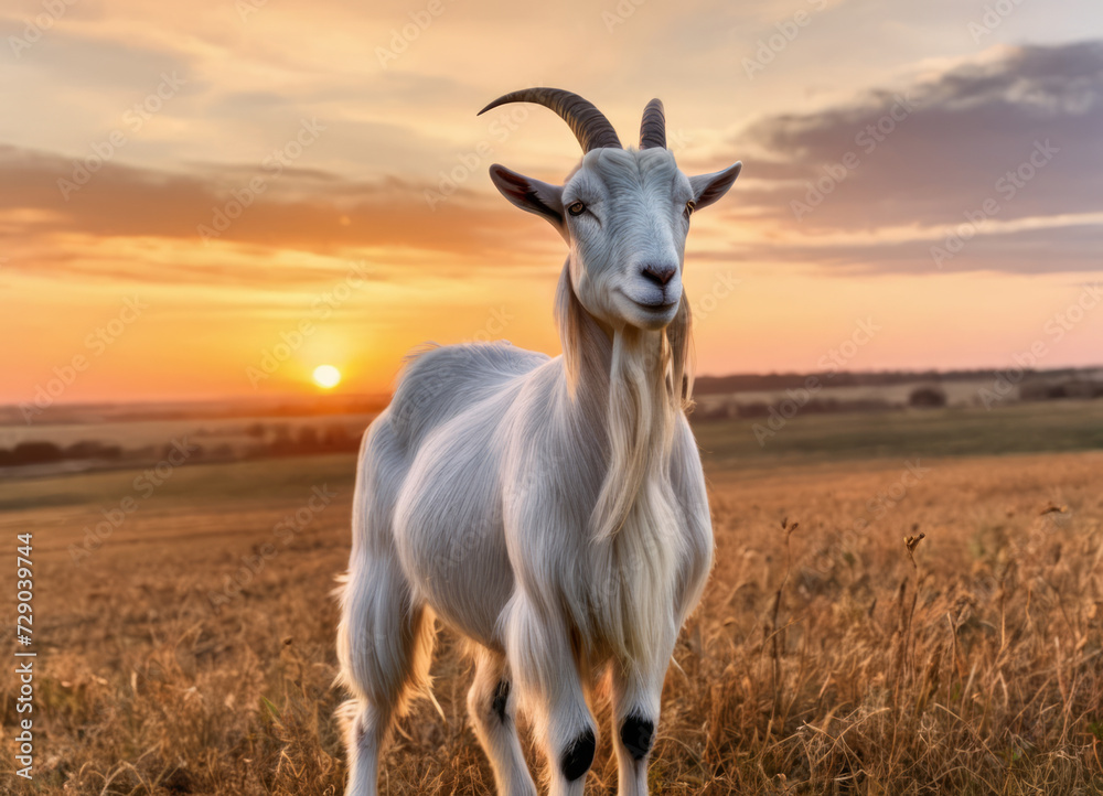 A goat stands in a field at sunset, during the golden hour.