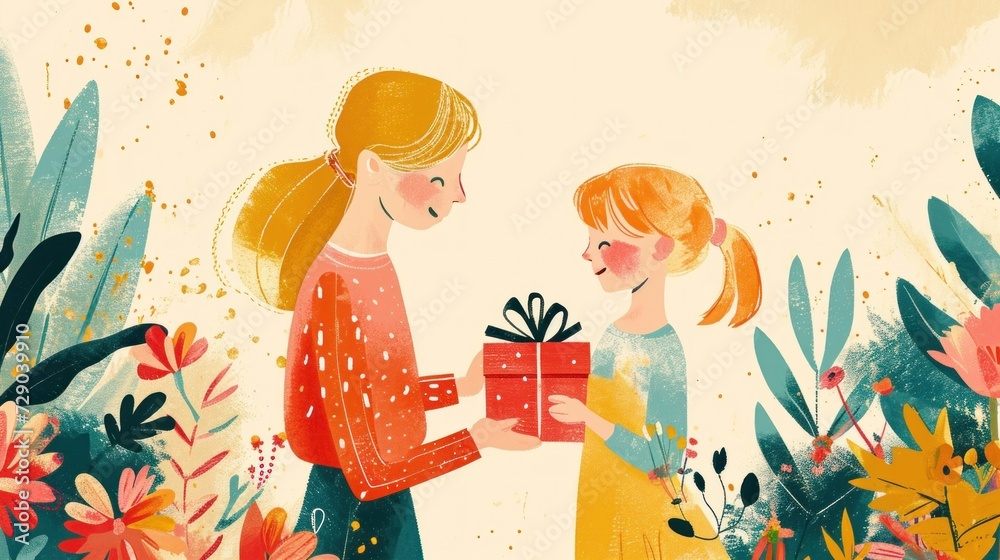 Playful and lively illustration of a mother and child exchanging smiles and surprises.