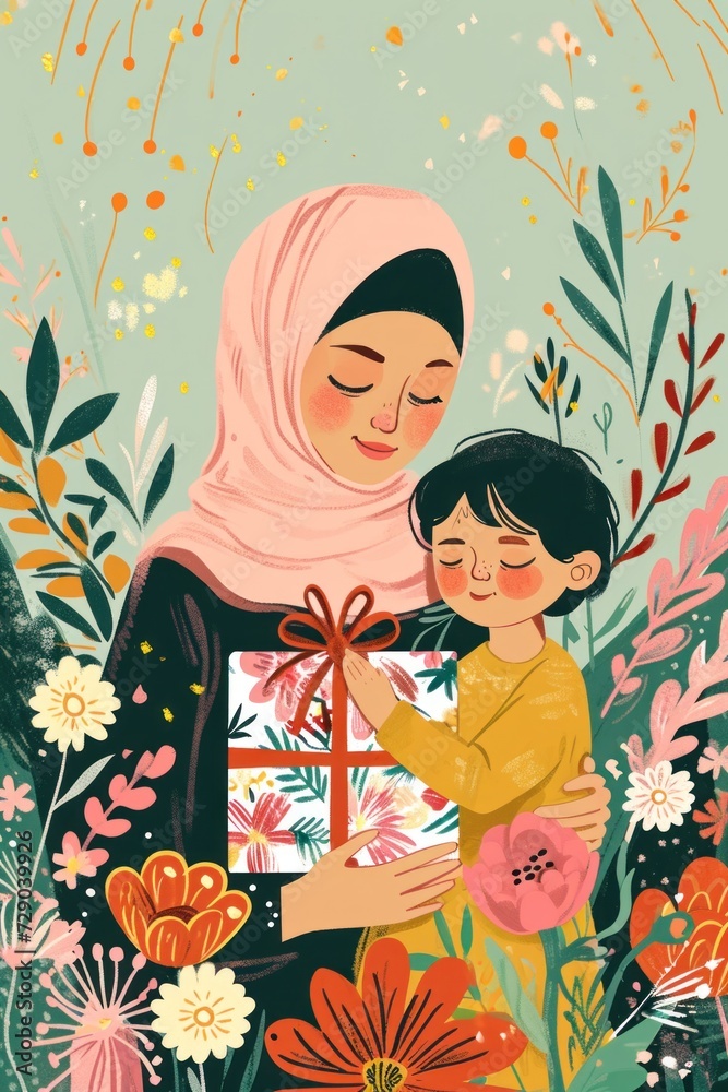Vibrantly colored poster capturing the happiness of a mother and her child.