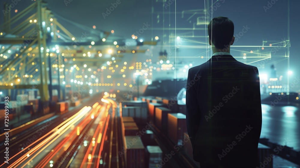 Man overlooking a bustling port at night with digital overlays,global trade, logistics, and the complexity of supply chains,international commerce, shipping industries, global economics and logistics Man overlooking a bustling port at night with digital overlays,global trade, logistics, and the complexity of supply chains,international commerce, shipping industries, global economics and logistics