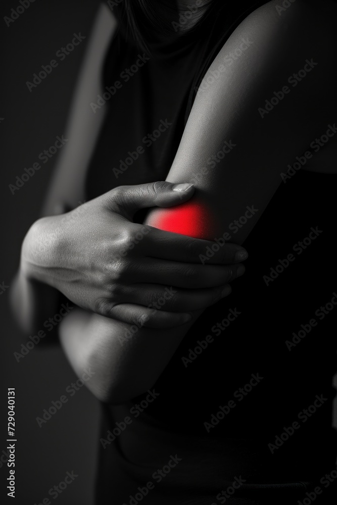woman holding her painful elbow, monochrome image with red dot.