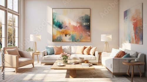 Contemporary living room with chic decor  captured in watercolor with warm  natural lighting