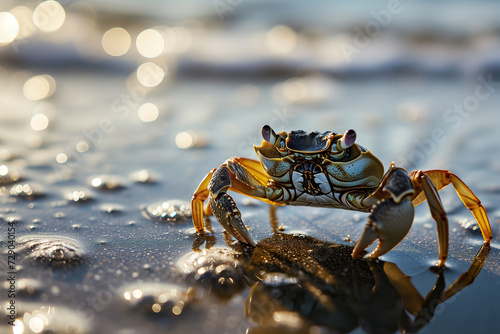 A majestic freshwater crab scuttles along the sandy shore, its arthropod shell glistening in the warm sunlight, a symbol of resilience and adaptability in the ever-changing sea of life © Cheport