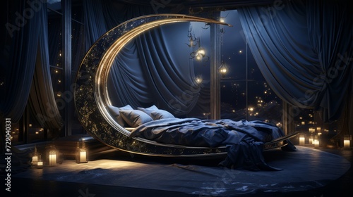 Dreamy night-themed sleeping area within a moon's silvery curve © vectorizer88