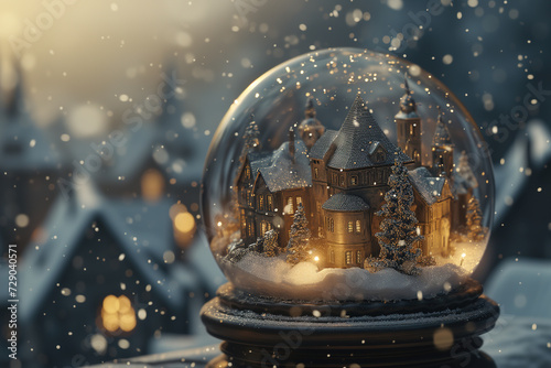 A spherical winter wonderland encapsulated in a snow globe, showcasing a cozy house and trees surrounded by glistening snow, with a tranquil outdoor scene reflected within