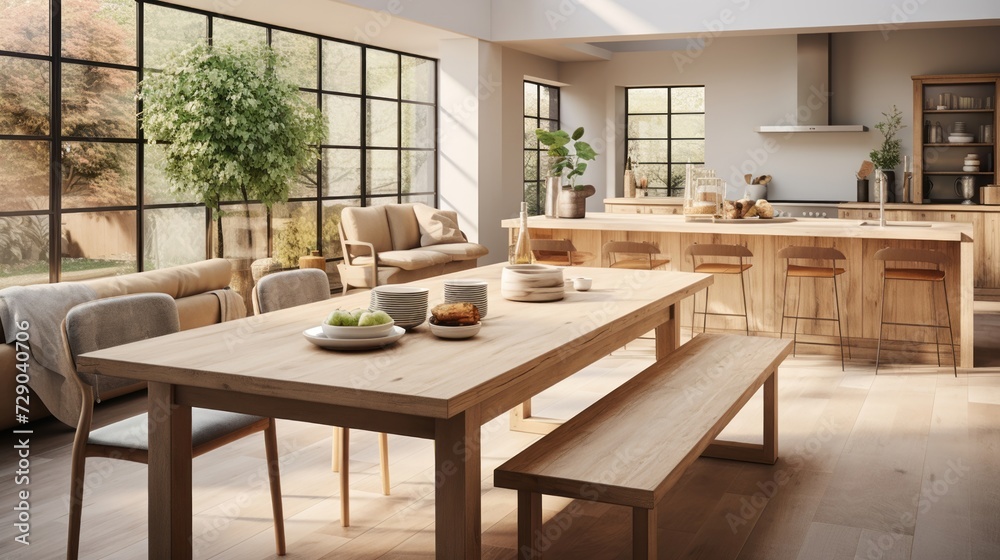 Elegant wooden dining table, inviting kitchen scene behind, in a naturally lit domestic space