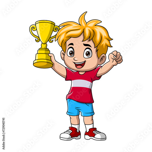Cute little boy cartoon holding gold trophy