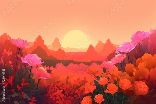 colorful garden with roses and flowers under orange and pink sky. Generative AI