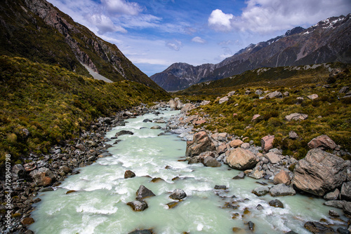 panorama of famous hooker valley trail from mount cook village to hooker lake, scenic hike in southern alps, canterbury, new zealand south island photo