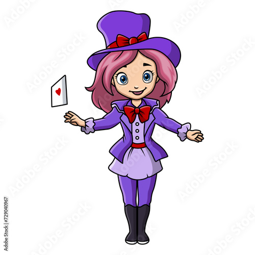 Cute little magician girl cartoon playing a cards