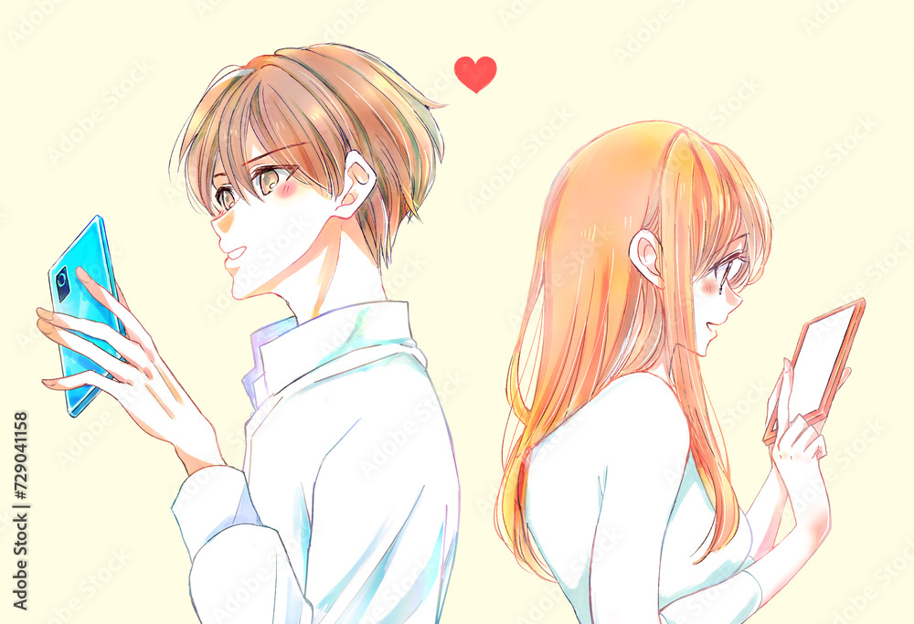 スマホを操作している背中合わせの男女