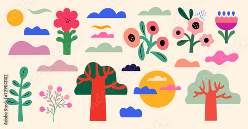Vector modern flower collection. Flowers  trees and clouds