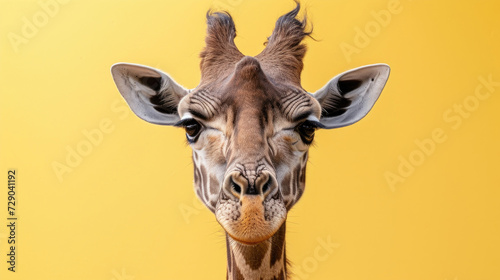 A curious giraffe gazing into the camera, set against a clean light yellow background © Veniamin Kraskov
