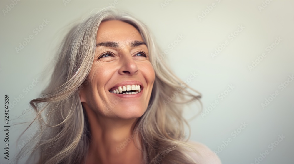 Portrait of mature woman with gray hair laughing and smiling. Gorgeous beautiful mature lady with fine wrinkles. Portrait of mature woman with gray hair laughing and smiling. Gorgeous beautiful mature lady with fine wrinkles.